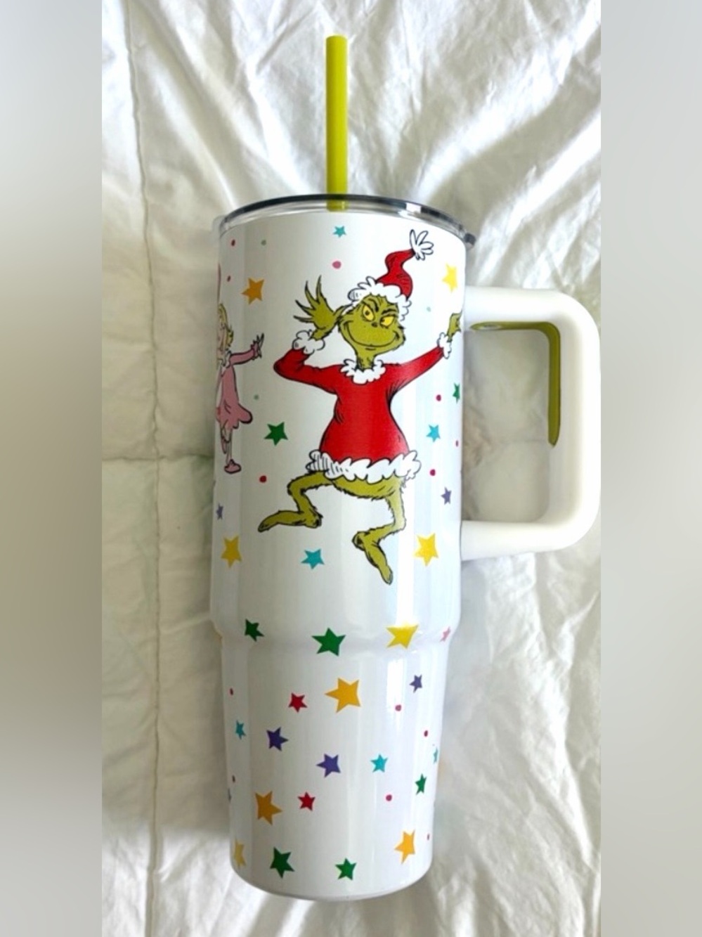 The Grinch drink tumbler with handle and matching straw like new